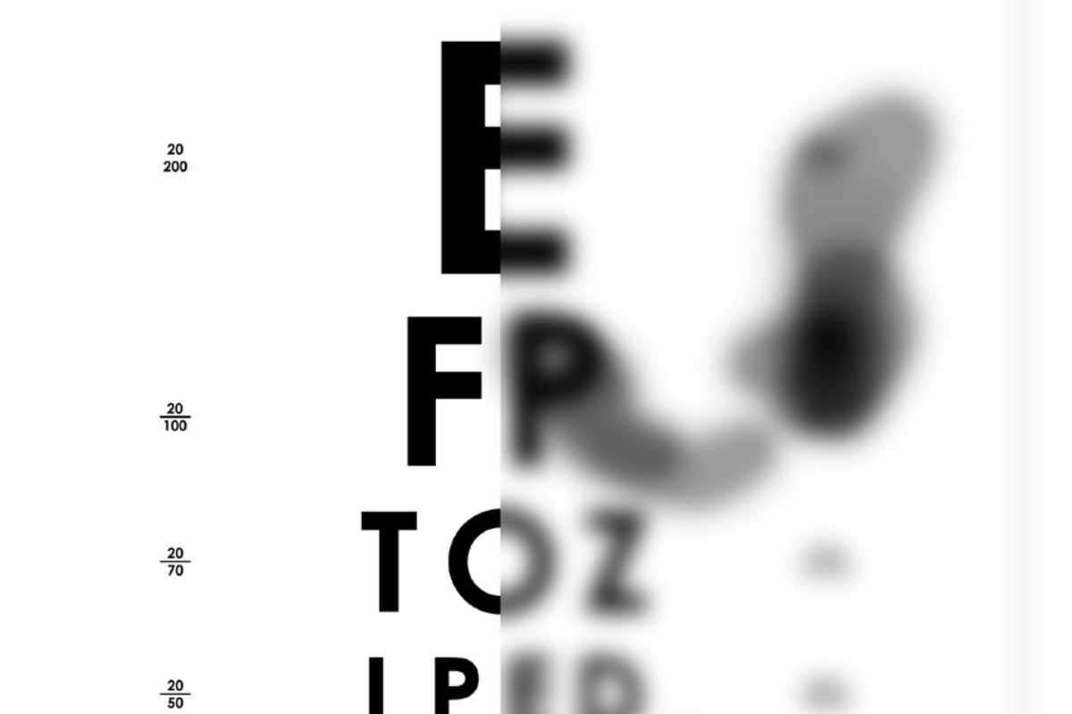 Eye Exam: The left has normal vision, the right has impaired vision due to diabetic eye disease